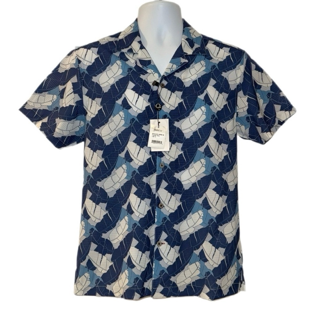 Quieti Performance Navy Blue Leaf Print Button-Up Shirt | Size Small | NWT